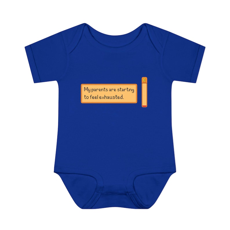 My parents are starting to feel exhausted baby bodysuit - funny pixel art infant onesie - cozy gamer outfit for baby shower or newborns Royal