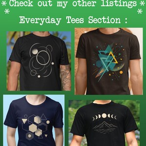 May include: A promotional image showcasing four different graphic t-shirts. The shirts are black and navy blue, each featuring unique geometric and celestial designs in white and gold. The text "Check out my other listings" and "Everyday Tees Section" is displayed at the top.