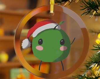 Glass Christmas ornament with cute green pixel creature in Santa hat - holiday game decor, cozy tree decoration, farming sim game gift