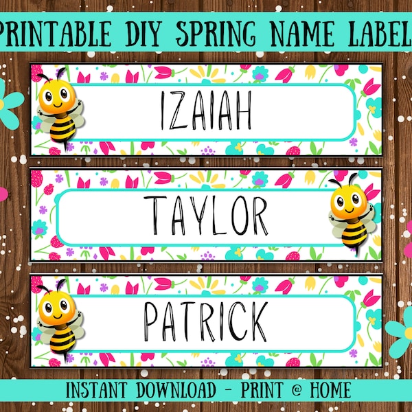 Desk Name Labels, Classroom Name Labels, Cubby Label, Name Tags, Back to School Printable, Spring, Easter, Flowers, Bumble Bee Sticker