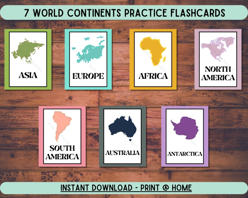 7 World Continents Flashcards, Geography Flashcards DIY, Homeschool