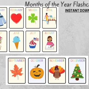 Months of the Year Flashcards, Pre-k Flashcard Activity, Homeschool Activities, Preschool Flashcards