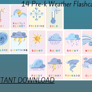 14 cartões flash meteorológicos pré-k | Atividade para impressão de educação domiciliar | Cartões meteorológicos para crianças para impressão