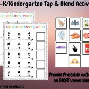 Actividad imprimible Kindergarten Tap & Blend, imprimibles en edad escolar, fonética de educación en el hogar, lectura CVC de jardín de infantes, reconocimiento de letras de prekínder