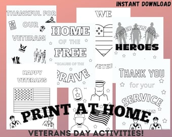 May include: Black and white printable coloring pages for Veterans Day. The pages feature patriotic themes, including the American flag, stars, and the words "Thankful for our Veterans", "Home of the Free because of the Brave", "We Veterans are Heroes", and "Thank you for your service".