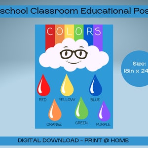 Descarga digital Póster de aula preescolar, Póster de colores de aprendizaje, Colores del arco iris, Póster educativo para niños, Póster Montessori para niños