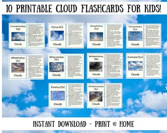 Afdrukbare grote wolk-flashcards voor kinderen, doe-het-zelf-flashcards, thuisonderwijs, schoolgaande kinderen leren over wolken, cumulus stratus cirruswolken leren
