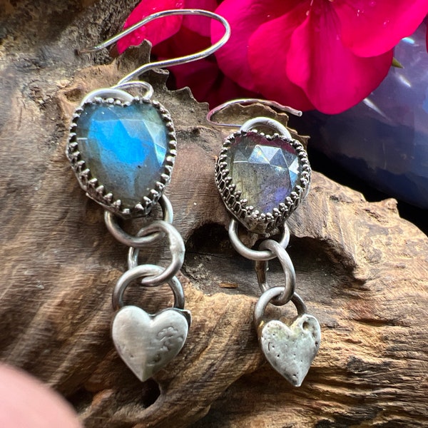Handmade Labradorite Sterling Silver Heart Dangle Earrings