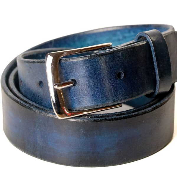 Blue Classic Leather Belt with Frame Style Buckle