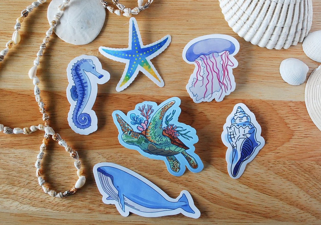 Sea Themed Sticker Pack, Water Resistant Stickers, Water Bottle Art