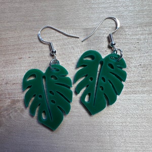 Green Monstera Leaf Earrings, Handmade Hypoallergenic Lasercut Acrylic Earrings