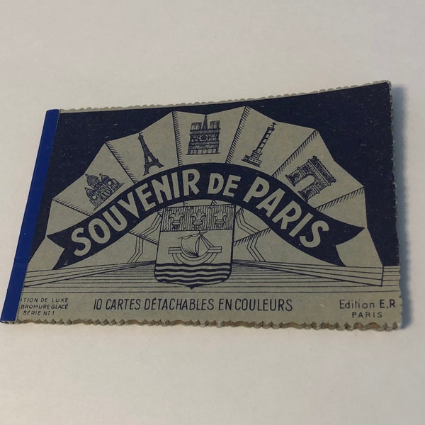 Vintage Souvenir de Paris Color Postcard Booklet, 10 Detachable Cards, Eiffel Tower, Arc de Triomphe, Champs-Elysees, Notre-Dame.