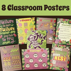 Op de afbeelding: Acht klasposters met jungle-thema illustraties. Posters behandelen onderwerpen als vormen, kleuren, getallen en gevoelens. Elke poster heeft kleurrijke graphics en tekst, inclusief motiverende citaten en klassenregels.