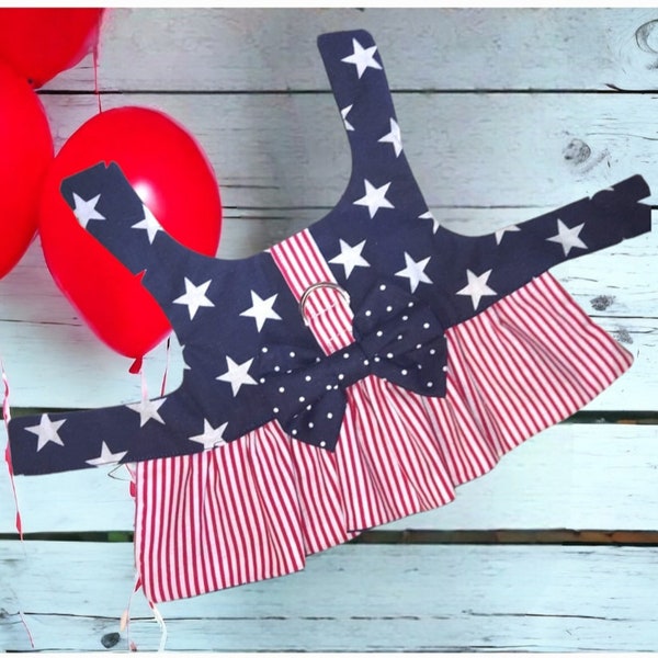4th of July Dog Harness Dress: Patriotic American Flag Outfit
