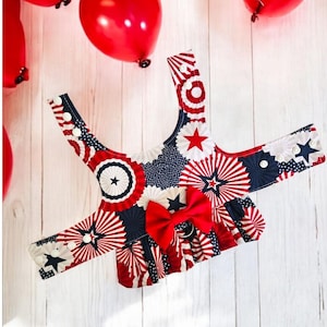 Patriotic Dog Harness Dress: Red, White, and Blue 4th of July Outfit