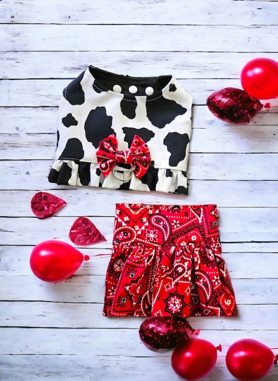 Bandana Skirt and Cow Print Top Dog Harness Set