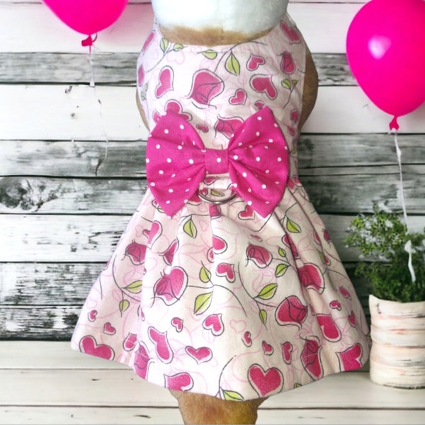 Spring Dog Harness Dress, Hearts and Flowers Harness Dress, Sizes XXXS to XXLG