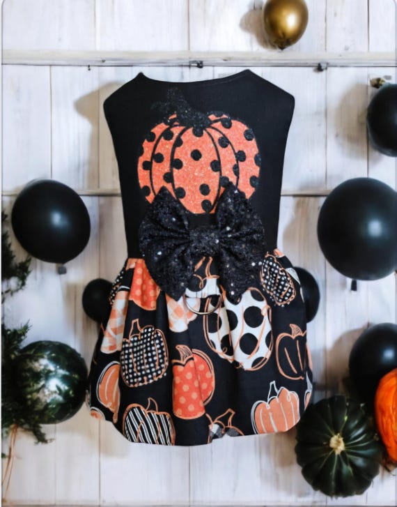 Glitter Polkadot Pumpkin Dog Harness Dress, Thanksgiving Dog Dress, Halloween Dog Harness Dress