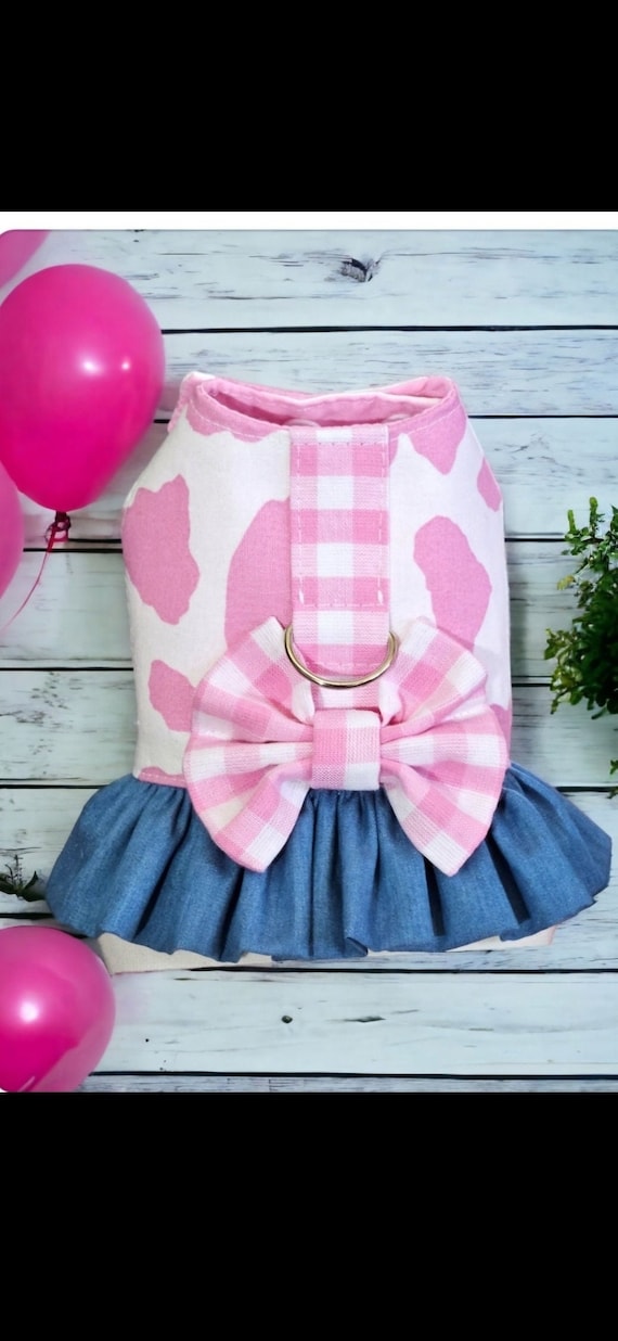 Pink Cow Print and Denim Harness Ruffle, Sizes XXXS to XXLG