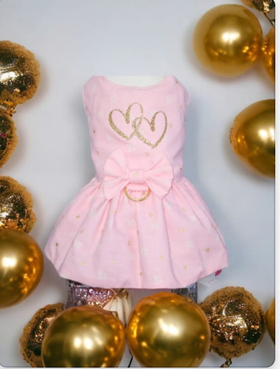 Pink Dog Harness Dress, Gold Hearts and White XO Harness Ruffle