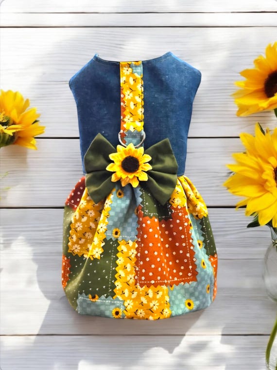 Sunflower Dog Harness Dress, Denim and Patchwork Harness Dress