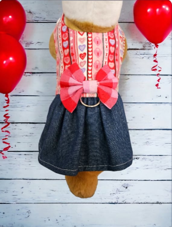 Denim Dog Harness Dress, Hearts and Denim Harness Dress