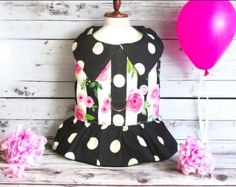 Black and White Harness Ruffle, Polka Dot Dog Harness