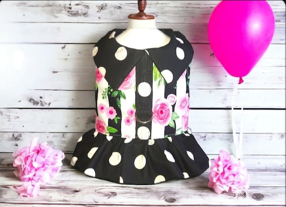 Black and White Harness Ruffle, Polka Dot Dog Harness