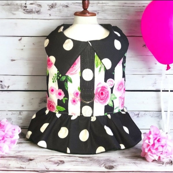 Black & White Polka Dot Harness with Black Nouveau Bow main image 1