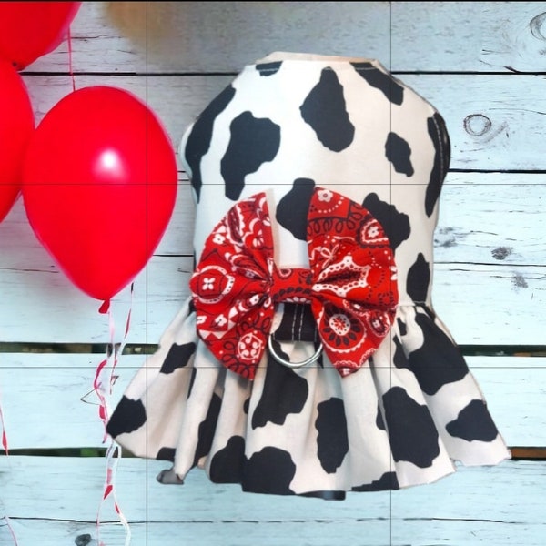 Cow Print Dog Harness Dress, Teacup to XXLG