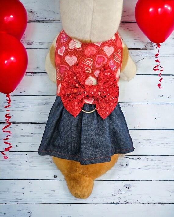 Denim Red Hearts Dog Harness Dress, Hearts and Denim Harness Dress