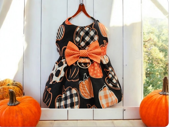 Pumpkin Dog Harness Dress, Thanksgiving Dog Dress, Halloween Dog Harness Dress