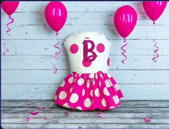 Monogram Pink and White Polkadot Monogram Dog Harness Dress, Dog Costume, Dog Party Dress, Teacup Dog Harness Dress