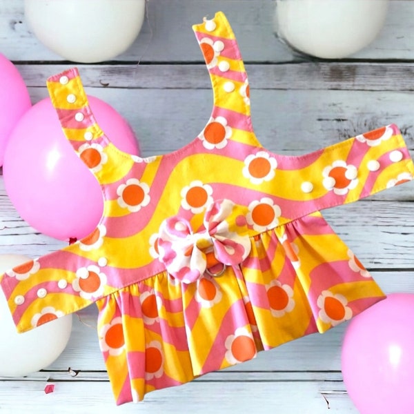70's Style Bright Yellow and Pink Dog Harness Dress