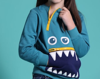 Triple Zip Pullover Monster, Kids Teal Sweatshirt with G-Tube & Chest Port/Chemo Access, Insulin Pump Pocket for Diabetes, Abdominal Access