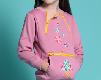 Triple Zip Pullover Flower Cone, Kids Sweatshirt with G-Tube & Chest Port/Chemo Access, Insulin Pump Pocket for Diabetes, Abdominal Access