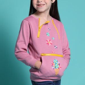 Triple Zip Pullover Flower Cone, Kids Sweatshirt with G-Tube & Chest Port/Chemo Access, Insulin Pump Pocket for Diabetes, Abdominal Access