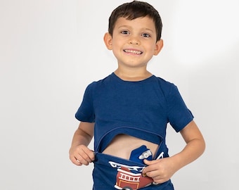 Royal Blue Firetruck G-Tube Zip Shirt, Tummy Access Tee, Diagonal Abdominal Zipper T-shirt, Kids Tubie Shirt