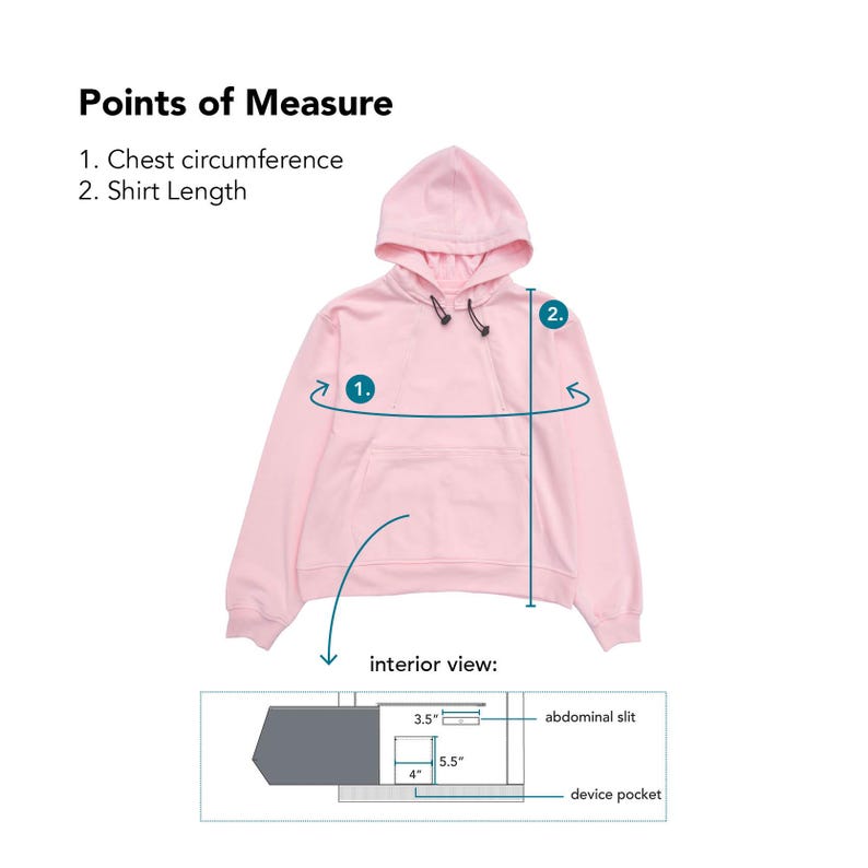 May include: A light pink hooded sweatshirt with a front kangaroo pocket and black drawstring cords. The image includes a diagram labeled Points of Measure for chest circumference and shirt length, plus an interior view showing an abdominal slit measuring 3.5 inches and a device pocket measuring 5.5 inches by 4 inches.
