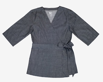 Black Chambray Wrap Top – Post-Surgery Blouse, Chemo Port Access Shirt, Adaptive Recovery Clothing FINAL SALE