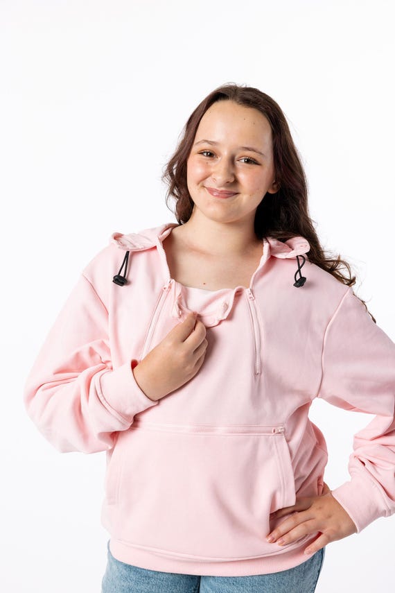 Pale Pink Adult Chemo Chest Port & Abdomen Zipper Access Hoodie Warm
