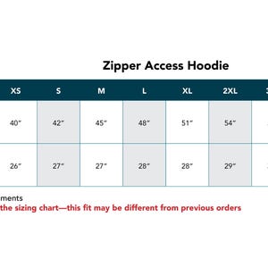 May include: A sizing chart for a Zipper Access Hoodie with a dark teal header and white text. The table lists chest circumference and shirt length in inches for sizes XS through 4XL. It includes a note about garment measurements and fit.