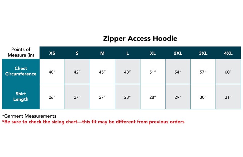 May include: A sizing chart for a Zipper Access Hoodie with a dark teal header and white text. The table lists chest circumference and shirt length in inches for sizes XS through 4XL. It includes a note about garment measurements and fit.