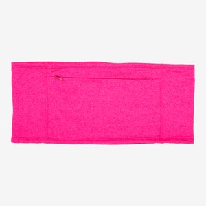 Puede incluir: Un cinturón de running rosa brillante con un bolsillo con cremallera.