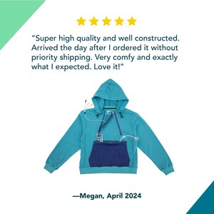 May include: A teal long-sleeve hooded sweatshirt featuring a dark blue front pouch pocket, a dark blue zipper detail, and thin white cords with small connectors attached to the neckline and pocket area, displayed with a five-star review text.