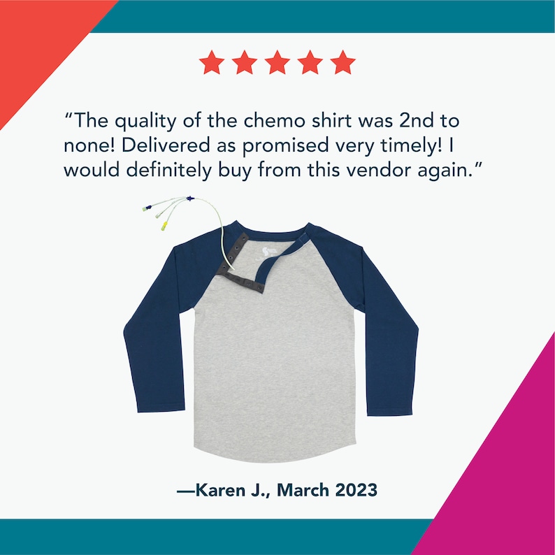 May include: A five-star review for a gray and navy blue chemo shirt with a port access opening. The review reads, "The quality of the chemo shirt was 2nd to none! Delivered as promised very timely! I would definitely buy from this vendor again." -Karen J., March 2023
