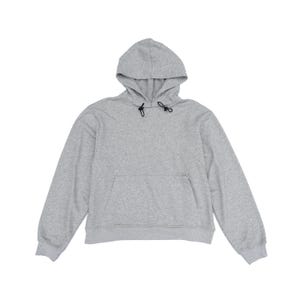 May include: A light gray long-sleeve hooded sweatshirt featuring a front kangaroo pocket, a hood with black drawstring cords, and ribbed cuffs at the sleeves and hem. The garment is constructed from a soft, heathered fabric with a relaxed fit.