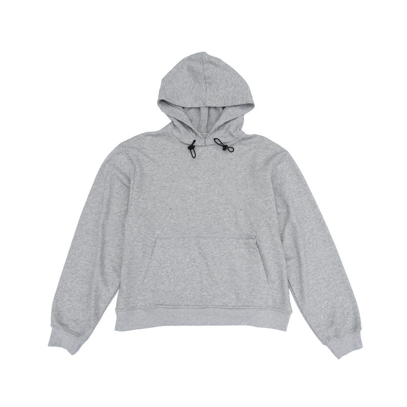 May include: A light gray long-sleeve hooded sweatshirt featuring a front kangaroo pocket, a hood with black drawstring cords, and ribbed cuffs at the sleeves and hem. The garment is constructed from a soft, heathered fabric with a relaxed fit.