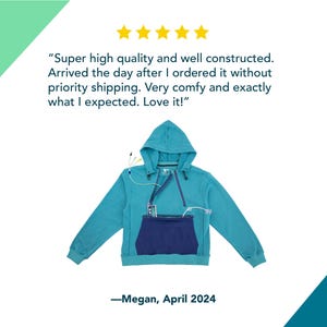 May include: Teal hoodie with a navy blue pocket and hood. The hoodie has a zipper and a drawstring. The image includes text that reads: "Super high quality and well constructed...Love it!" -Megan, April 2024.