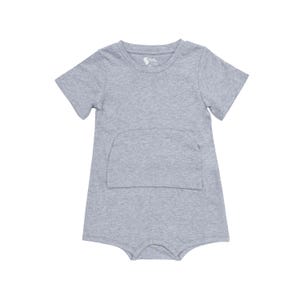 May include: A grey short-sleeved bodysuit with a pocket on the front.